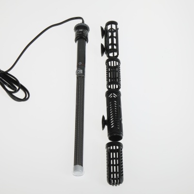 Resistência para aquário preta com grade protetora de plástico e cabo elétrico