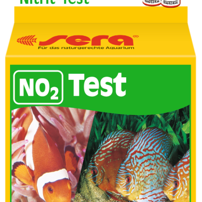 Kit de Teste Nitrito (NO2) da marca Sera para aquários em embalagem amarela com imagens de peixes