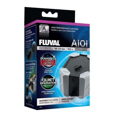 Bomba de ar Fluval A101 em caixa azul com texto e imagem do produto