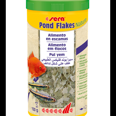 Frasco amarelo de alimento para peixes em flocos com tampa verde e imagens de peixes