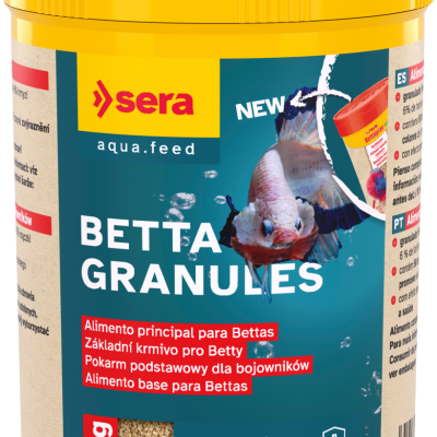 Embalagem amarela de alimento para peixes BETTA GRANULES da marca sera com imagem de peixe Betta.