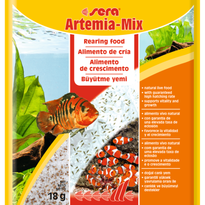Pacote de alimento para peixes Sera Artemia-Mix em amarelo e laranja com imagens de peixes e texto multilíngue