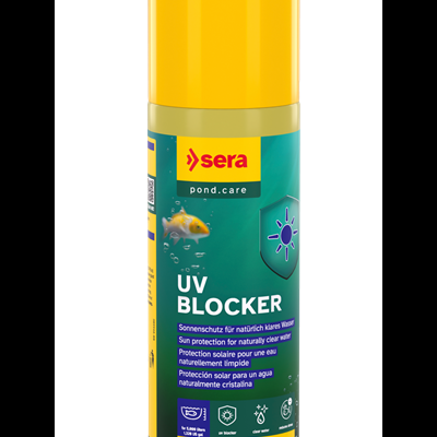 Frasco de UV BLOCKER da sera pond.care com tampa amarela e rótulo verde e azul