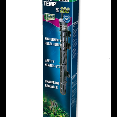 Embalagem de termóstato de aquário JBL Pro Temp S 200 azul com dispositivo preto e plantas aquáticas