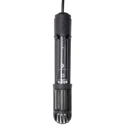 Aquecedor submersível preto para aquário com escala numérica visível.
