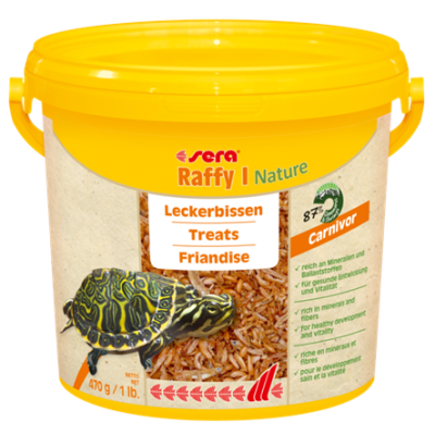 Embalagem amarela de comida para tartarugas com rótulo e imagem de tartaruga