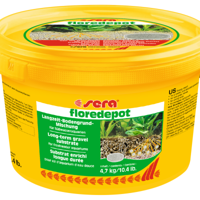 Balde amarelo de cascalho para aquários com rótulos e imagem de plantas aquáticas