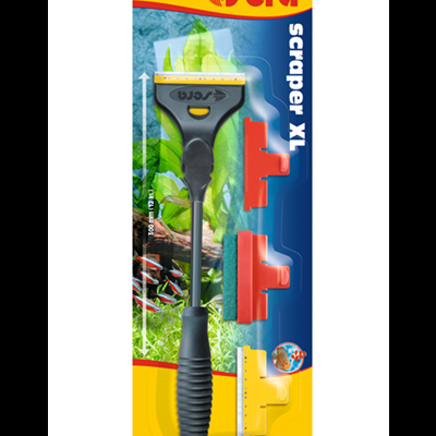 Raspador de vidro sera scraper XL com cabo preto e lâminas vermelhas em embalagem amarela e azul