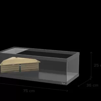 Aquário rectangular em vidro com tampa em madeira clara sobre fundo preto
