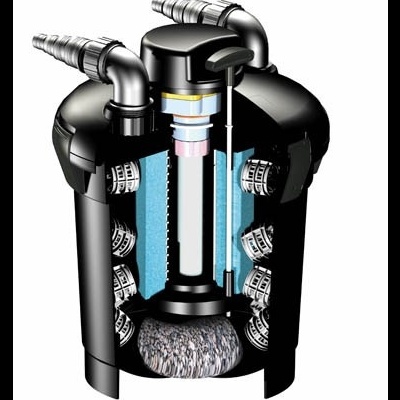 Filtro de aquário preto com componentes internos visíveis