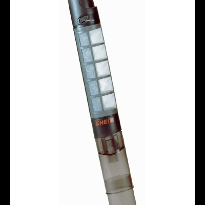 Filtro de aquário tubular com várias secções transparentes e texto VISIOTECH laranja