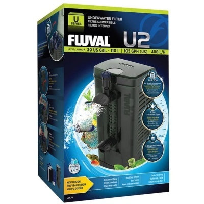 Embalagem de filtro de aquário Fluval U2 preto com detalhes em azul e amarelo