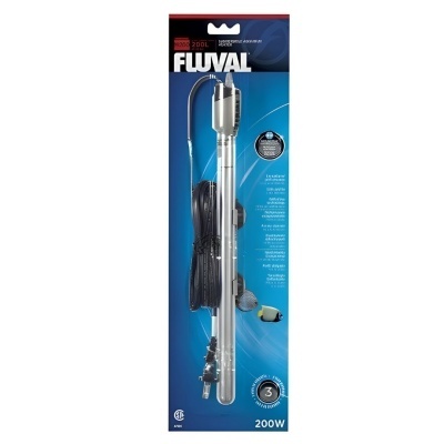 Aquecedor de aquário metálico prateado com cabo preto na embalagem azul da marca FLUVAL potência 200W