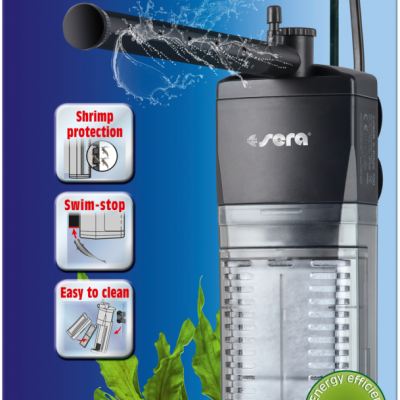 Embalagem do filtro Sera x-Edge 700 para aquário, com texto e ícones explicativos e imagem do produto.