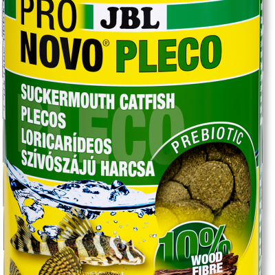 Embalagem amarela e verde de alimento para peixes JBL PRO NOVO PLECO com texto e imagem de peixe