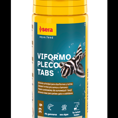 Embalagem amarela de ração Viformo Pleco Tabs com imagem de peixe pleco