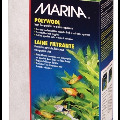 Embalagem do produto Marina Polywool para filtragem de aquários com imagens de peixes e plantas aquáticas