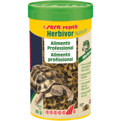 Embalagem de alimento para répteis herbívoros com tampa verde e imagem de tartaruga