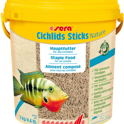 Baldes amarelos com comida para peixes ciclideos Sera Cichlids Sticks Nature