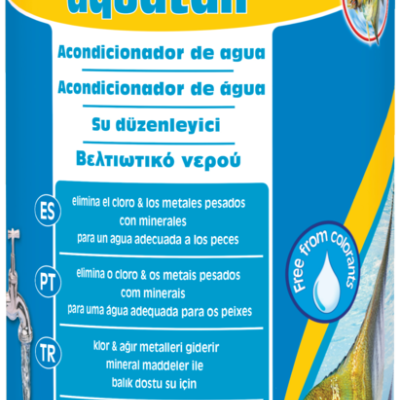 Frasco azul e amarelo do produto sera aquatan acondicionador de água para aquários