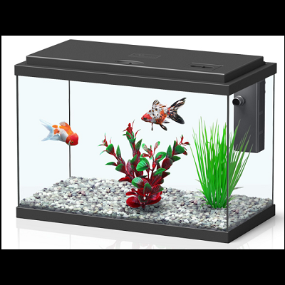 Aquário retangular transparente com tampas pretas, cascalho, plantas e peixes dourados.