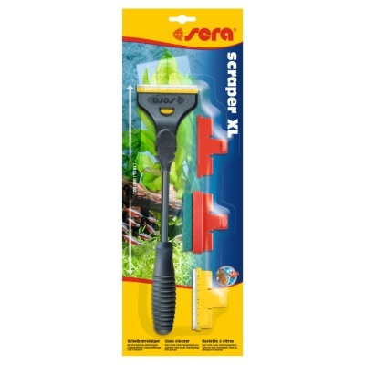 Raspador XL Sera para limpeza de vidros com várias lâminas e esponja, embalagem amarela e azul.