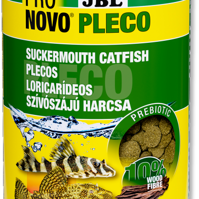 Embalagem de ração para peixes JBL Pro Novo Pleco amarela e verde com imagens de peixes pleco.