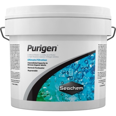 Recipiente branco de plástico com etiqueta azul e texto Purigen marca Seachem