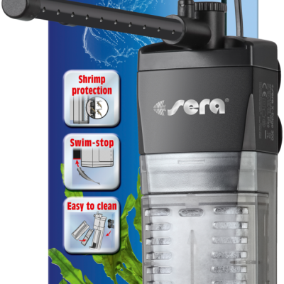 Filtro aquático Sera X-Edge 300 preto e transparente ao lado da sua embalagem colorida azul e amarela