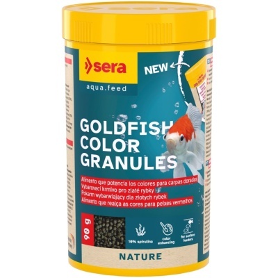 Embalagem de alimento para peixes dourados com rótulo azul e amarelo
