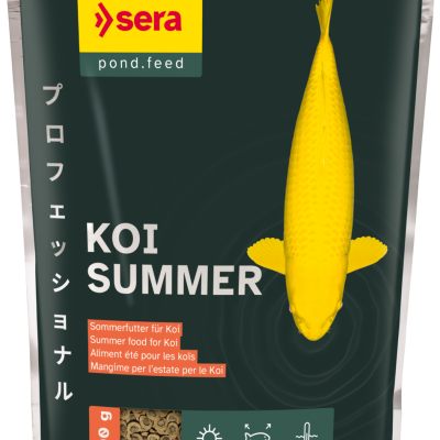 Embalagem preta de ração para carpas koi com imagem de peixe amarelo e texto instrutivo