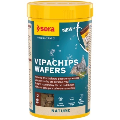 Embalagem amarela de alimento para peixes VIPACHIPS WAFERS da sera aqua.feed.