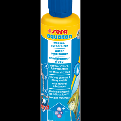 Frasco amarelo e azul de condicionador de água Sera Aquatan com tampa azul.