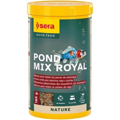 Frasco amarelo de alimento para peixes de lago Pond Mix Royal, marca Sera, 185 g.