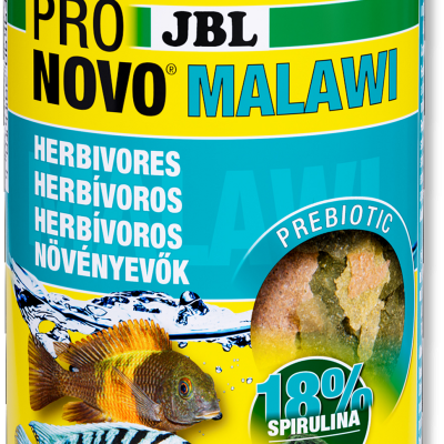 Embalagem amarela de ração flocos M para peixes herbívoros JBL Pro Novo Malawi com 18% spirulina, imagens de peixes.