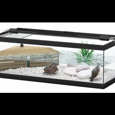 Aquário transparente com três tartarugas, cascalho branco, pedras e planta artificial