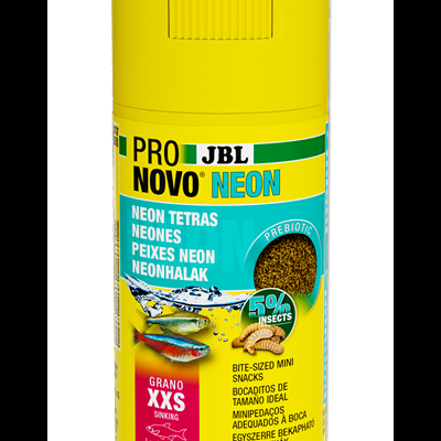 Recipiente amarelo de ração para peixes JBL Pro Novo Neon com texto colorido e imagem de peixes neon