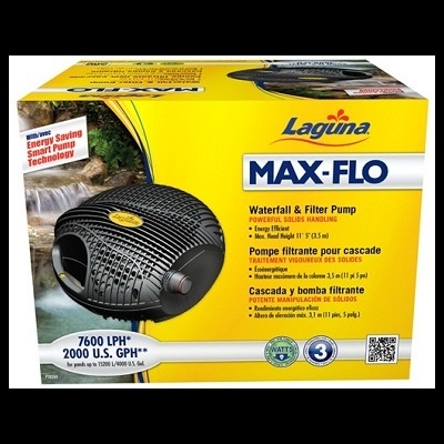 Caixa amarela do produto bomba de água Laguna MAX-FLO com texto e imagem