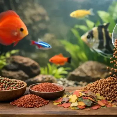 Comida para peixes em tigelas e amontoados com aquário de peixes coloridos ao fundo