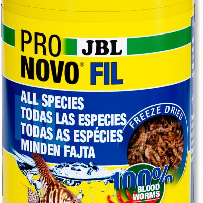 Embalagem amarela de comida para peixes JBL Pro Novo Fil com texto multilingue e imagens de peixes e sangue-de-verme.