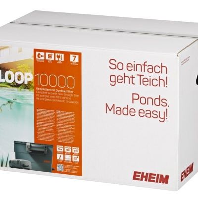 Caixa do produto EHEIM LOOP 10000 com imagem de lago e texto promocional