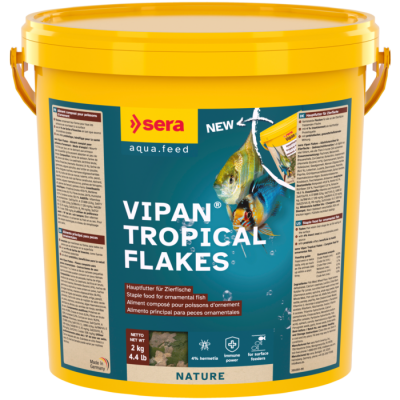 Balde amarelo de alimento para peixes ornamentais Sera Vipan Tropical Flakes