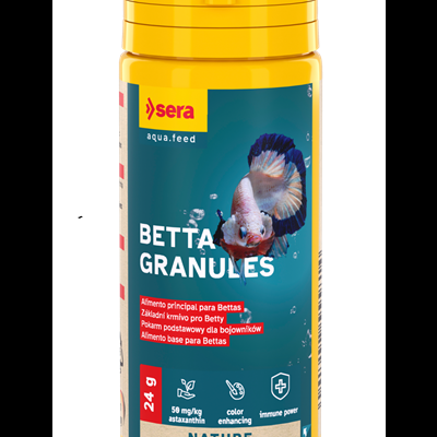 Frasco amarelo de Sera aqua.feed Betta Granules para peixes Bettas