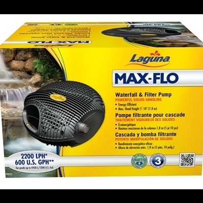 Caixa amarela de bomba para cascata e filtro Laguna MAX-FLO com especificações e imagem do produto
