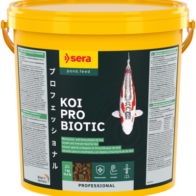 Balde amarelo de alimento para carpas Koi Pro Biotic com imagem de peixe carpa