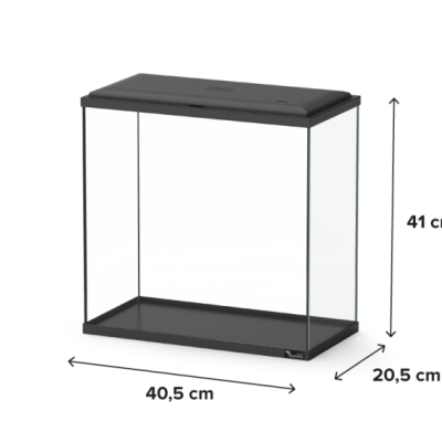 Aquário retangular de vidro com tampa preta e base preta, dimensões indicadas