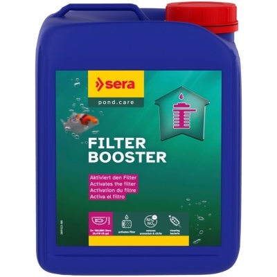 Recipiente azul com etiqueta verde e amarela e texto FILTER BOOSTER