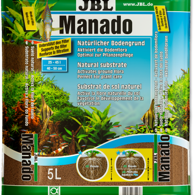 Saco de substrato natural JBL Manado 5L para aquários com imagens de plantas e peixes