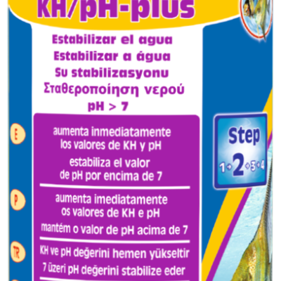 Frasco de produto para aquário sera KH/pH-plus com rótulo colorido e imagens de peixes