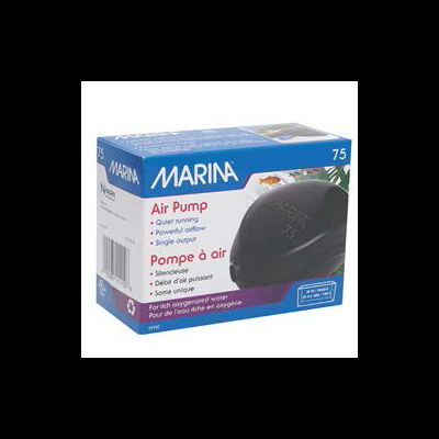 Bomba de ar preta da marca Marina com embalagem azul e branca
